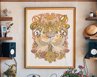Retro 70s Floral Art Print: Psychedelic Home Decor