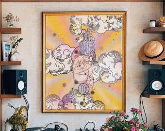 May include: A wooden table with a light wood finish sits in a room with a record player, bookshelves, and a framed print of a woman in a cloud with the zodiac symbol for Virgo.