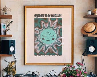 Stampa artistica "Sole psichedelico": decorazione per la casa in stile retrò anni '70.