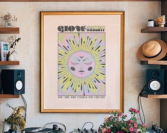 Stampa psichedelica del sole anni '70: decorazione murale retrò per la casa
