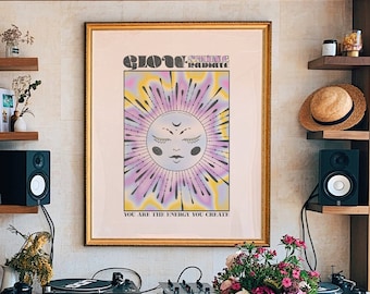 Stampa artistica psichedelica anni '70 con sole e luna: decorazione retrò per la casa.