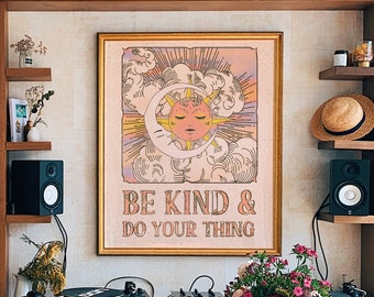 70s Decor, Retro Poster, 70s Home Decor, Be Kind And Do Your Thing, Sun And Moon 70s Decor, Retro Home Decor, 70s Wall Art, Wall Art