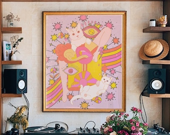 Psychedelic Cat Art Print: 70s Retro Home Decor