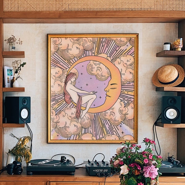 Mondgöttin Poster, Sonne und Mond 70er Jahre Dekor, Witchy Home Dekor, 70er Jahre Home Dekor, Retro Dekor, 70er Dekor, Hippie Print, 70er Jahre Kunst, Wandkunst