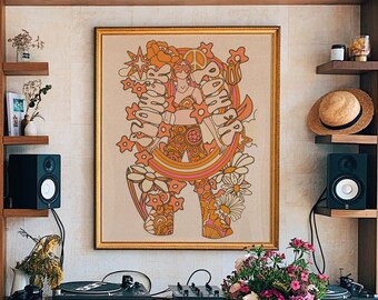 70s Flower Power Print: Retro Sun and Moon Hippie Wall Art