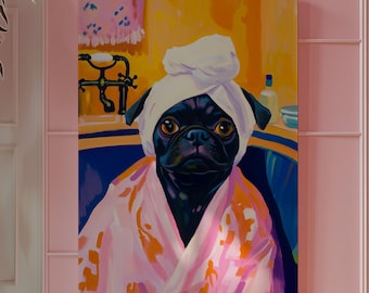 May include: A black pug dog wearing a pink bathrobe and a white towel on its head. The dog is sitting in a bathtub with blue and white tiles. The background is a yellow wall with a painting on it.