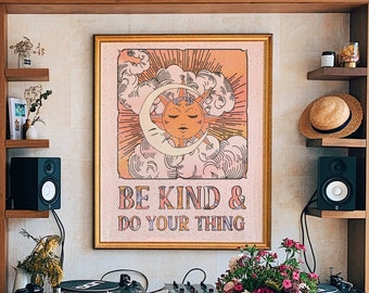 70s Retro Sun and Moon Print: Be Kind Wall Art