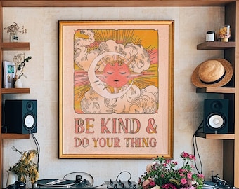 70s Home Decor, Be Kind And Do Your Thing, Sun And Moon 70s Decor, Retro Home Decor, 70s Decor, Hippie Print, 70s Wall Art, Wall Art