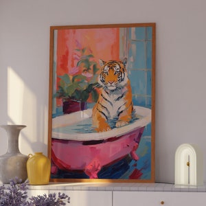 Canvas Print, Tiger Art, Maximalist Bathroom Wall Art, Dopamine Decor, Pink Kitsch Aesthetic, Tiger In a Bath Print