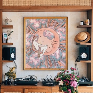 70s Home Decor, Retro Decor, Moon Goddess Poster, Sun And Moon 70s Decor, Witchy Home Decor, 70s Decor, Hippie Print, 70s Art, Wall Art