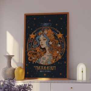 Regalo para Virgo, cartel de los años 70, regalo de Virgo, cartel del zodíaco, regalo de astrología, impresión del zodíaco Art Nouveau, decoración de los años 70, arte sol y luna de los años 70, decoración de los años 70