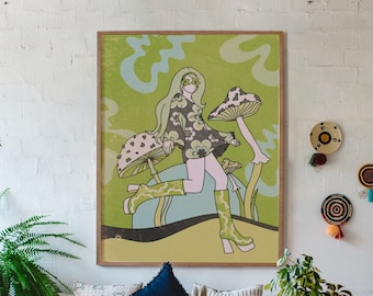 サイケデリックなキノコプリント：レトロな70年代ヒッピーアート