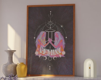 Muurdecoratie met het sterrenbeeld Tweelingen, hemelse kunstprint, heksenachtige slaapkamerdecoratie