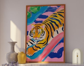 Lámina artística Pink Kitsch Tiger: Decoración maximalista para el baño