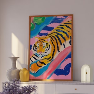 Tiger Poster, Maximalist Bathroom Wall Art, Dopamine Decor, Pink Kitsch Aesthetic, Tiger Wall Art, Preppy Wall Art, Trendy Decor
