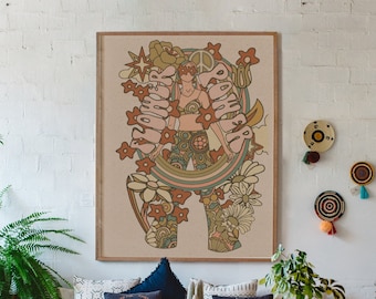 70s Hippie Print: Flower Power Sun and Moon Retro Wall Art
