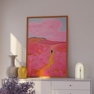 Roze bloemenveldkunstprint: maximalistisch woondecoratie