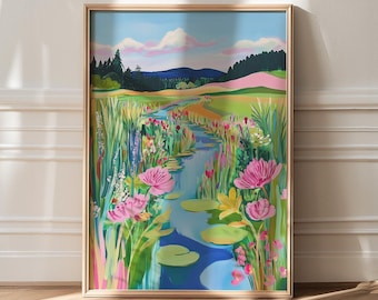 Colorful Landscape Art Print: Grandmillennial Mountain Scenery