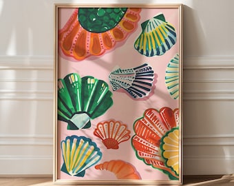 May include: A framed art print featuring colorful seashell illustrations on a pink background. The seashells are depicted in various colors, including green, orange, yellow, and blue, with a gold frame.