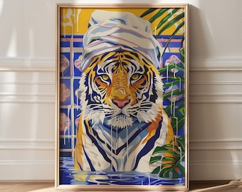 May include: A framed painting of a tiger wearing a white towel on its head, standing in a pool of water with blue and yellow tiles and green plants in the background.