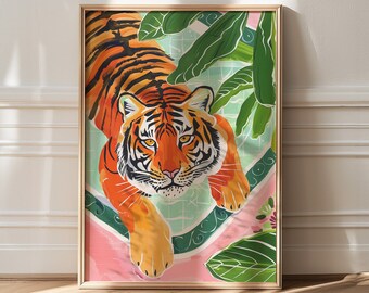 Lámina artística Tigre Tropical: Decoración maximalista en rosa y turquesa
