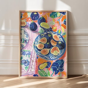 Küchen Wandkunst, Blau Küche Dekor, Maximalist Art, Feigen Poster, Bunte Früchte Kunstdruck, Tisch Zeichnung Küche Dekor