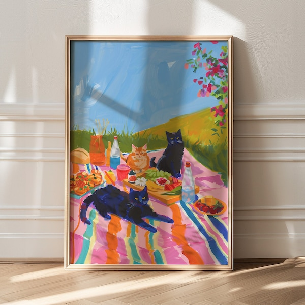 Colorful Cat Picnic Art Print, Kitsch Aesthetic, Trendy Room Decor