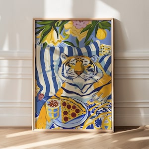 Pôster de tigre, impressão de arte de pizza, decoração de casa maximalista, desenho de tigre, impressão preguiçosa, arte Matisse, impressão de amante de pizza, decoração moderna, arte colorida