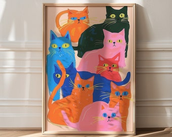 Colorful Cat Poster, Maximalist Wall Art, Pink Cat Poster, Dopamine Decor, Trendy Bar Cart Decor, Cat Decor, Maximalist Decor, Wall Art