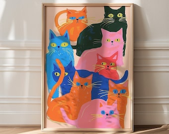 May include: A framed print of a colourful illustration featuring nine cats in various poses. The cats are depicted in shades of blue, orange, pink, red, black, and green.