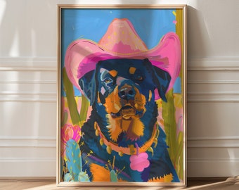 Rottweiler Cowgirl Art Print: Dog in Pink Cowboy Hat