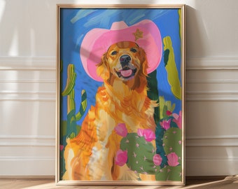 Golden Retriever Cowgirl Art Print: Western Dog Decor