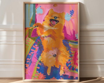 Può includere: Un dipinto incorniciato di un cane con uno sfondo rosa, blu e verde. Il cane è arancione e bianco e ha la bocca aperta in un sorriso.