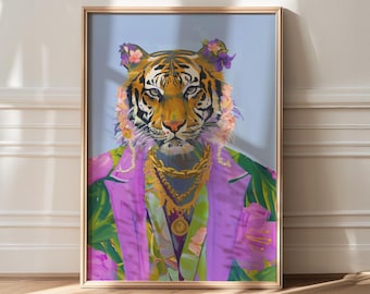 Colorful Tiger Art Print: Maximalist Home Decor