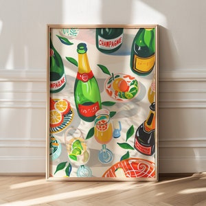 Pôster de champanhe, decoração de cozinha maximalista, arte de parede formal, impressão tropical, decoração colorida, pôster de verão, decoração de dopamina, decoração de apartamento