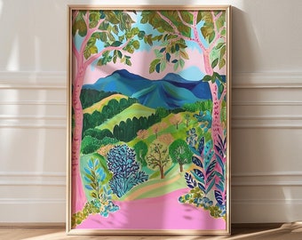 Colorful Landscape Art Print: Grandmillennial Maximalist Decor