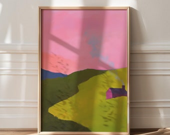 May include: A framed painting of a pink and green landscape with a small house in the distance. The house has a red roof and a chimney with smoke coming out of it.