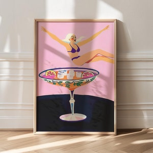 トレンディアート、カクテルウォールアート、バーカートプリント、マキシマリストリビングルーム装飾、アパート装飾、ピンク装飾、大型ポスター、キッチン壁装飾