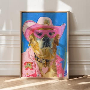 Arte con Golden Retriever, regalo con Golden Retriever, arte con cane preppy, decorazione per la casa con Golden Retriever in cappello da cowboy, arte murale preppy in stile western per ragazze
