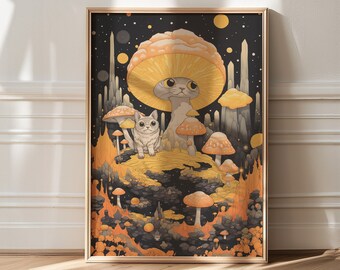 Psychedelic Cat Art Print: 70s Retro Home Decor