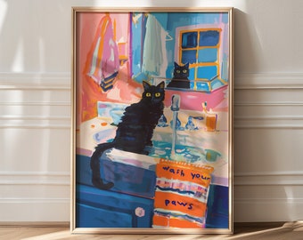 Trendy Black Cat Art Print: Maximalist Bathroom Decor