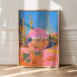 Bunter Wüstenkaktus-Druck, Western-Wüstendruck, rosa Spiegelball-Wandkunst, Cowgirl-Wohnkultur, westliches Girly-Dekor, trendige Wandkunst