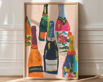 Champagne Bottles Art Print: Funky Bar Cart Decor