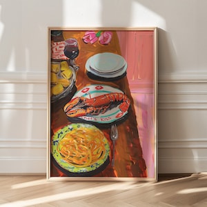 Pôster do beijo do chef, decoração de sala de jantar, decoração de cozinha moderna, impressão de macarrão, decoração de apartamento de dopamina, desenho de natureza morta, arte de parede de cozinha