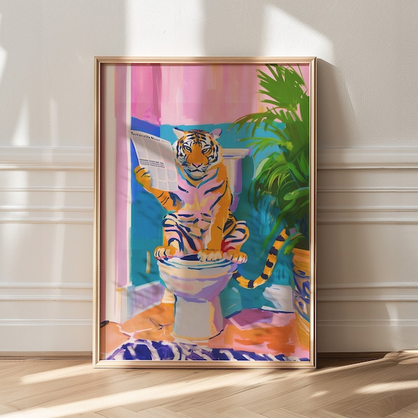 Tiger On Toilet Poster: Kitsch Bathroom Wall Art