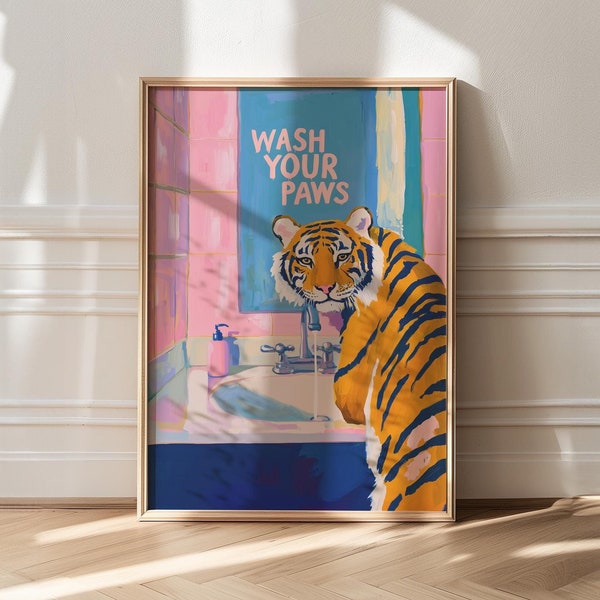 Wash Your Paws Tiger Art Print: Maximalist Bathroom Decor