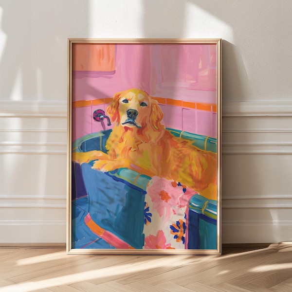 Golden Retriever in Bathtub Art Print: Trendy Dog Bathroom Decor