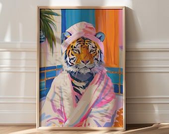 Lámina de tigre en el baño: Arte mural maximalista kitsch para el baño
