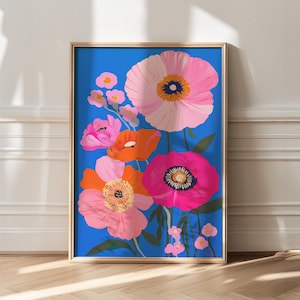 Mercado de flores de Róterdam, dibujo de flores abstractas dibujado a mano, arte mural ecléctico, estampado floral, arte maximalista, arte floral, estampado colorido