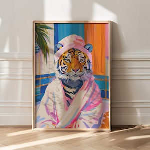 Maximalist Bathroom Wall Art, Tiger Poster, Dopamine Decor, Pink Kitsch Aesthetic, Tiger In a Bath Print, Preppy Wall Art, Trendy Decor